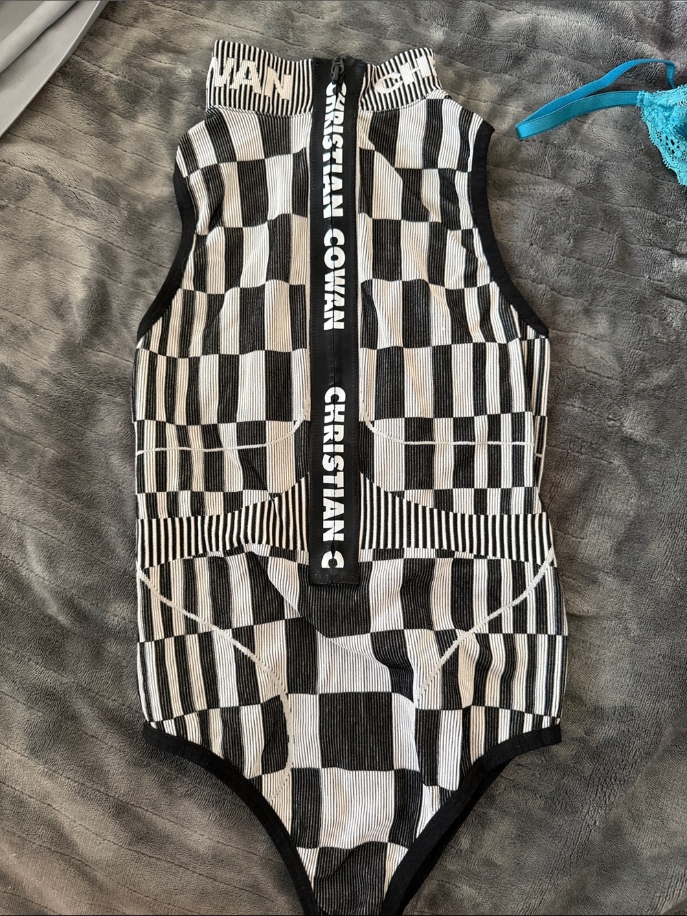 Christian Cowan Black & White Checkerboard Zip Bodysuit